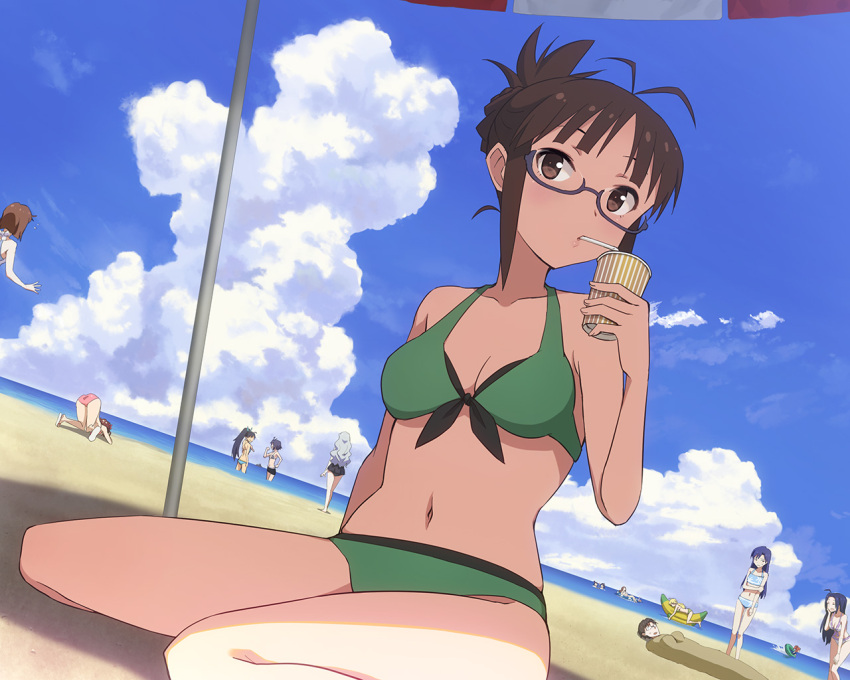 1boy 6+girls ahoge akizuki_ritsuko amami_haruka antenna_hair banana_boat beach bikini black_eyes black_hair blonde_hair blue_hair breasts brown_eyes brown_hair cleavage clenched_hands closed_eyes clouds collarbone cup drinking flying_sweatdrops futami_ami futami_mami ganaha_hibiki glasses hagiwara_yukiho hair_ribbon hashi idolmaster kikuchi_makoto kisaragi_chihaya long_hair minase_iori miura_azusa multiple_girls navel one-piece_swimsuit open_mouth orange_hair ponytail producer_(idolmaster) ribbon rock sand shijou_takane short_hair side_ponytail silver_hair sky straw sweatdrop swimsuit takatsuki_yayoi very_long_hair