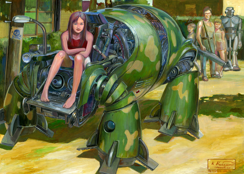 2boys 2girls android animal family house mecha multiple_boys multiple_girls original realistic robot rocket_launcher science_fiction signature tagme traditional_media walker weapon