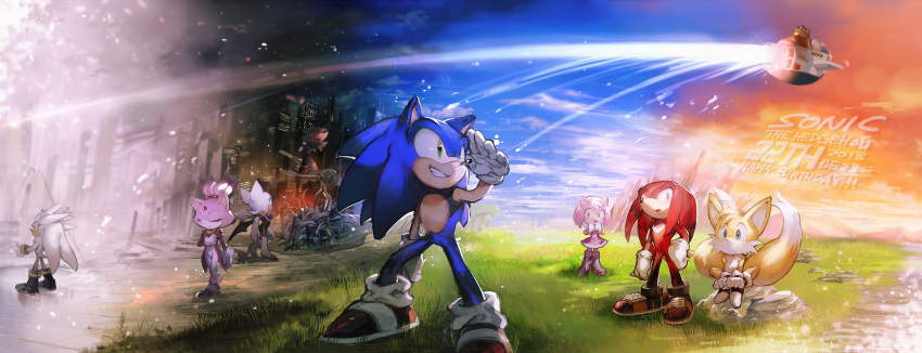 amy_rose animal_ears aoki_(fumomo) birthday blaze_the_cat blue_eyes cat_ears city dr._eggman english flying fox_ears fox_tail gloves grass green_eyes highres knuckles_the_echidna miles_prower mountain multiple_tails red_eyes rouge_the_bat sega shadow_the_hedgehog silver_the_hedgehog sky sonic sonic_the_hedgehog tail yellow_eyes
