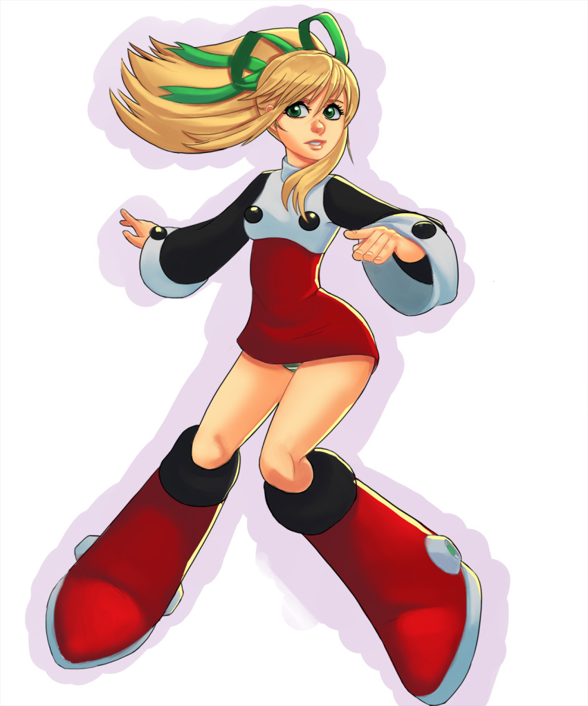 1girl android blonde_hair boots flat_chest g138 green_eyes hair_ribbon highres knee_boots lips long_hair minidress nose panties pantyshot pantyshot_(standing) ponytail ribbon rockman rockman_(classic) roll slender_waist solo standing striped striped_panties underwear wide_sleeves