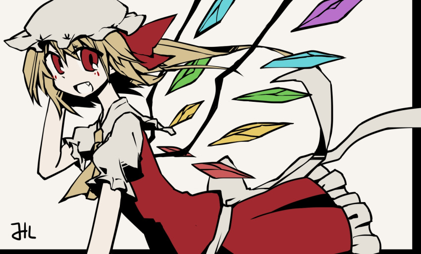 1girl blonde_hair blush bow dress fang flandre_scarlet hair_bow milk_tea open_mouth puffy_sleeves red_dress red_eyes short_hair side_ponytail simple_background smile solo touhou wings