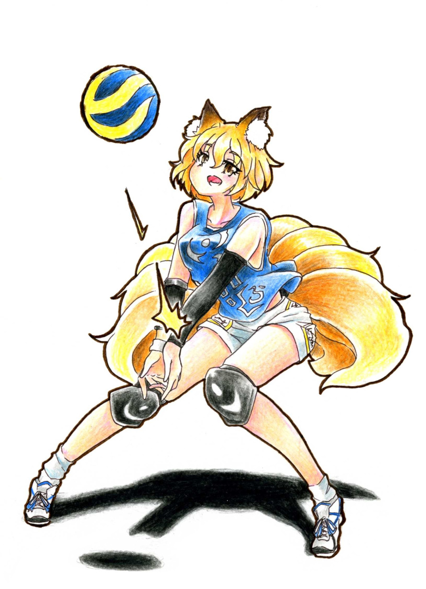 1girl alternate_costume animal_ears blonde_hair collarbone contemporary eyelashes fox_ears fox_tail goku_(acoloredpencil) highres knee_pads multiple_tails no_hat no_headwear open_mouth shadow short_hair shorts simple_background socks solo tail tennis_shoes touhou traditional_media volleyball white_background yakumo_ran yellow_eyes