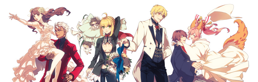 animal_ears archer bespectacled blonde_hair bow breasts brown_hair caster_(fate/extra) chibi cleavage dress fate/extra_ccc fate_(series) female_protagonist_(fate/extra) flower formal fox_ears fox_tail gilgamesh glasses hair_flower hair_ornament highres japanese_clothes kin_mokusei male_protagonist_(fate/extra) multiple_persona pink_hair saber_extra suit tail wedding_dress