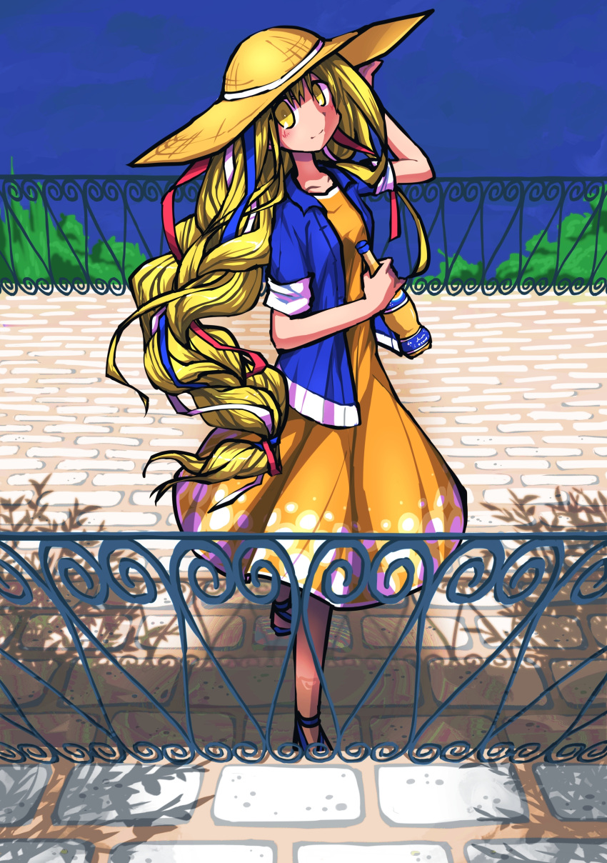 1girl absurdres bottle braid dress france hair_ribbon hat highres long_hair milk_tea open_clothes open_shirt orangina personification ribbon single_braid sleeves_rolled_up solo sun_hat very_long_hair yellow_eyes