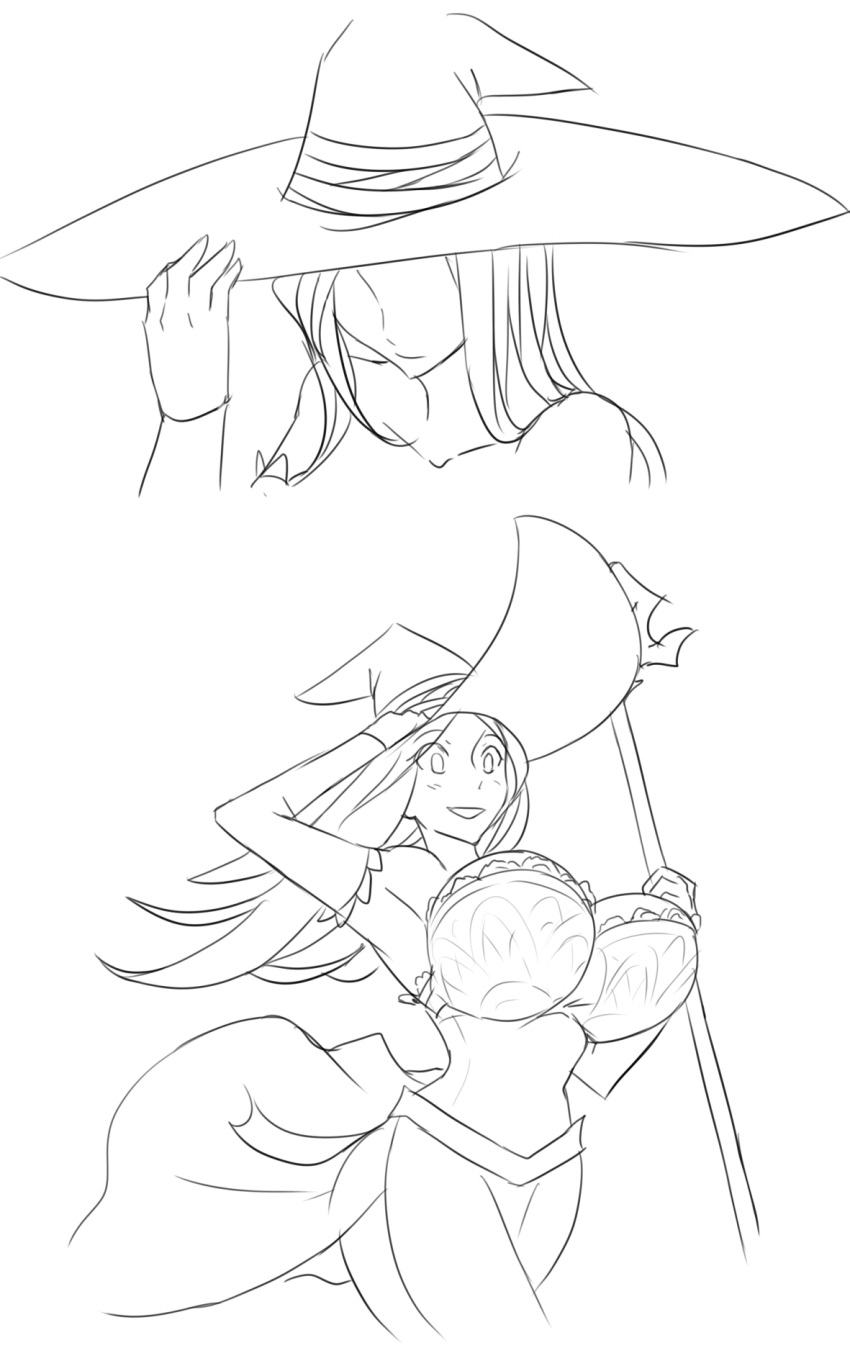 1girl bouncing_breasts breasts comic detached_sleeves dragon's_crown dress hat highres huge_breasts long_hair matsu-sensei monochrome running silent_comic solo sorceress_(dragon's_crown) wand witch_hat