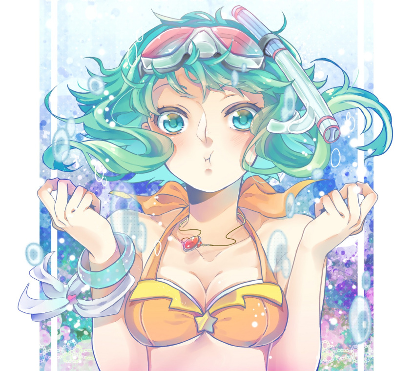 1girl bracelet breasts bubble cleavage goggles goggles_on_head green_eyes green_hair gumi halter_top halterneck highres jewelry looking_at_viewer mask nou pendant scuba underwater vocaloid