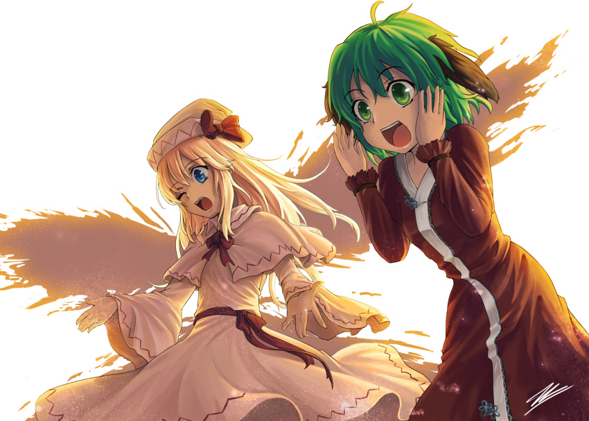 2girls animal_ears backlighting blonde_hair blue_eyes bow brown_dress capelet commentary dress freeze-ex green_eyes green_hair hat hat_bow highres kasodani_kyouko lily_white long_hair long_sleeves multiple_girls short_hair smile touhou white_dress wide_sleeves wings wink