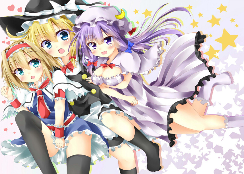 3girls :o alice_margatroid apron blonde_hair blue_eyes bow breast_rest breasts capelet cleavage crescent dress dress_pull gradient gradient_background group_hug hair_bow hairband hat hat_ribbon heart hug kirisame_marisa kuzumomo leaning_over lolita_hairband long_hair mob_cap multiple_girls no_shoes over-kneehighs patchouli_knowledge purple_hair ribbon sash shadow short_hair short_sleeves socks star thighhighs touhou vest violet_eyes waist_apron witch_hat wrist_cuffs