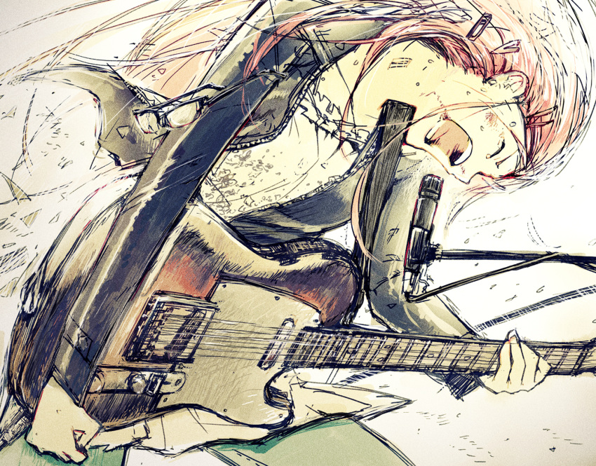 1girl electric_guitar guitar hair_ornament hairclip instrument kurobuta_gekkan leather_jacket long_hair microphone microphone_stand motion_blur original pants_under_skirt pixiv_punk_and_rock playing_instrument redhead singing skirt