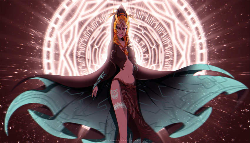 1girl breasts cloak eyeliner front_ponytail hair_ornament highres hood lips loincloth long_hair magic_circle makeup midna navel neon_trim orange_hair red_eyes slender_waist solo sparkle spoilers tattoo the_legend_of_zelda twilight_princess watermark web_address yellow_sclera zellie669