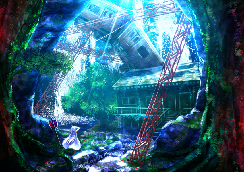 1girl arm_up battle_axe building dress flower highres long_hair original overgrown polearm post-apocalypse ruins ryosios shading_eyes silver_hair solo sunlight train tree very_long_hair water waterfall weapon white_dress wreckage