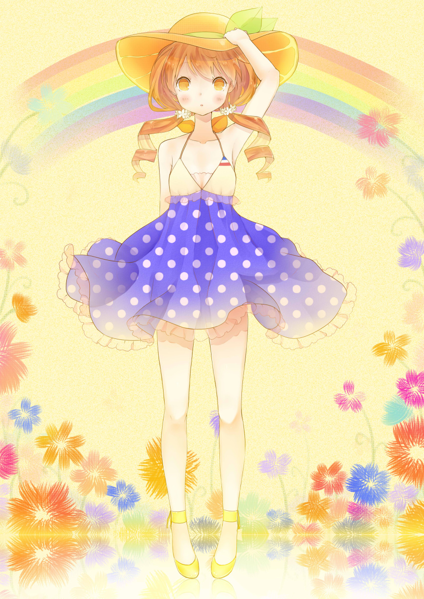 1girl absurdres blush brown_hair dress drill_hair flower food_themed_clothes hat highres long_hair orange_eyes rainbow ribbon shoes solo twintails
