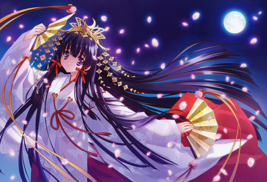 absurdres carnelian copyright_request crease fan highres huge_filesize japanese_clothes long_hair miko moon night petals resized scan source_request violet_eyes wide_sleeves