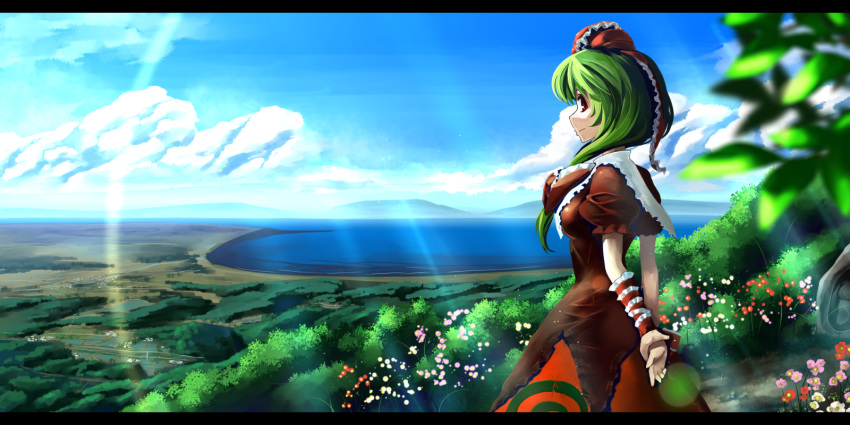 1girl arm_ribbon arms_behind_back blue_sky bow capelet clouds commentary flower forest front_ponytail green_hair hair_bow highres kagiyama_hina lake landscape letterboxed looking_at_viewer nature puffy_sleeves red_eyes shirt short_sleeves skirt sky smile solo sunlight touhou town tree umigarasu_(kitsune1963)