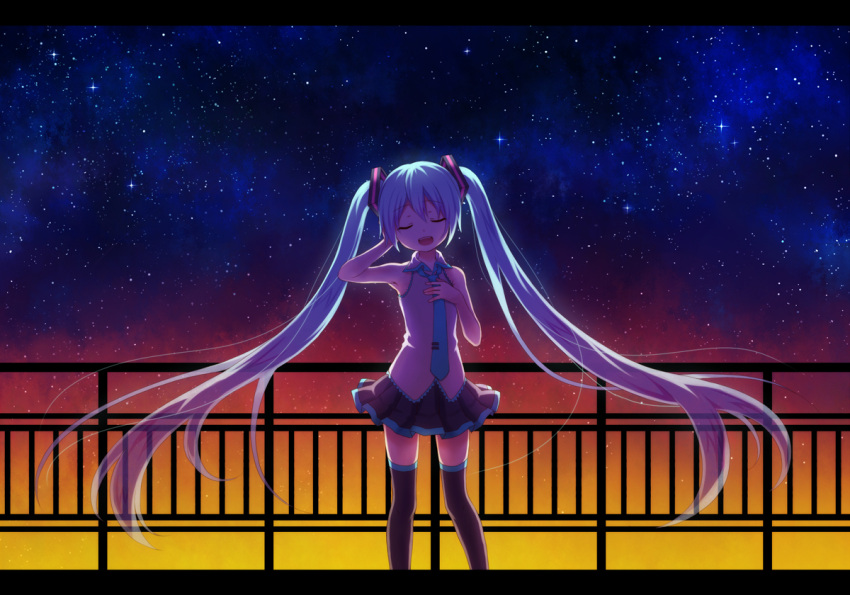 1girl asato727 blue_hair closed_eyes hand_on_own_chest hatsune_miku letterboxed long_hair necktie open_mouth skirt sky solo star_(sky) starry_sky thigh-highs twintails very_long_hair vocaloid