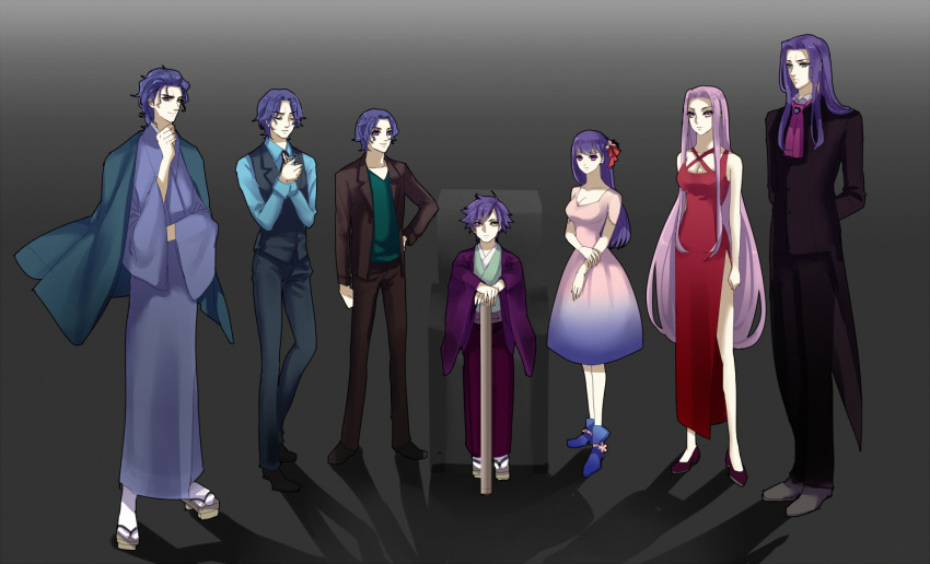 2girls 5boys berserker_(fate/zero) blue_eyes blue_hair dress fate/hollow_ataraxia fate/stay_night fate/zero fate_(series) formal japanese_clothes kimono matou_byakuya matou_kariya matou_sakura matou_shinji matou_zouken migillu multiple_boys multiple_girls purple_hair rider suit violet_eyes what_if