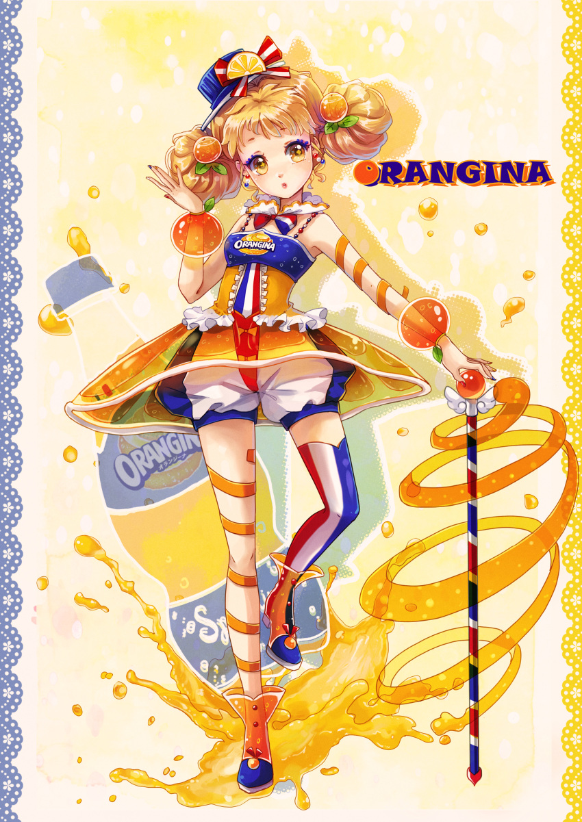 1girl absurdres asymmetrical_clothes blush bottle cane dress earrings food food_as_clothes food_themed_clothes france fruit hair_ornament highres jewelry orange orange_eyes orange_hair orange_juice orange_peel orangina original personification ribbon shoes single_thighhigh smile solo splashing symbol-shaped_pupils thighhighs wristband