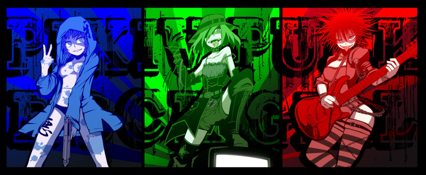 3girls ;p blood blood_splatter blue boots breasts chain choker column_lineup corset cross-laced_footwear cutoffs elbow_gloves electric_guitar gloves green grin guitar gun hair_over_one_eye hat highres hoodie inabaniina instrument lace-up_boots large_breasts middle_finger monochrome multiple_girls open_hoodie panties pistol pixiv_punk_and_rock playing_instrument red shirtless short_hair shorts shoulder_pads smile spiky_hair strap_slip striped striped_legwear tattoo thigh-highs tongue underwear weapon wink wristband