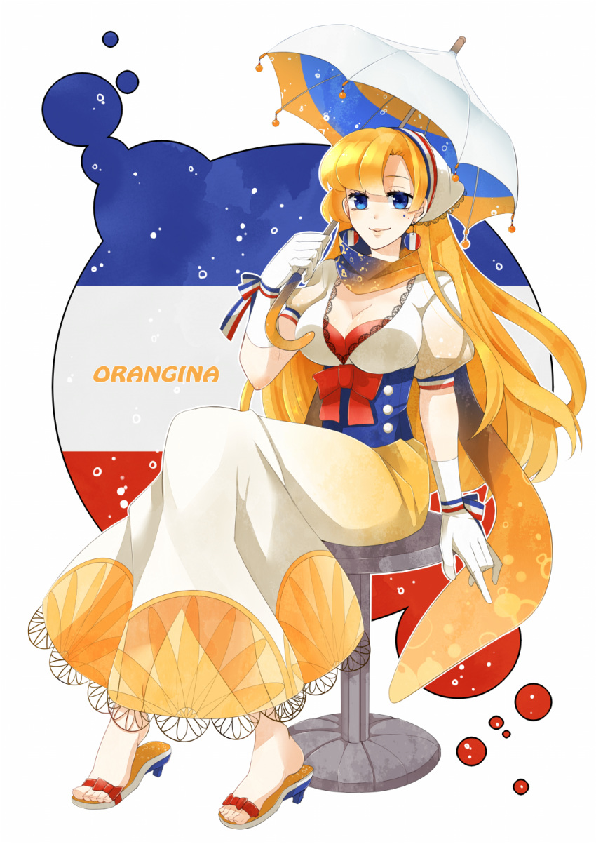 1girl blue_eyes breasts cleavage dress earrings gloves highres jewelry long_hair mole orangina original ribbon sandals scarf smile solo stool umbrella
