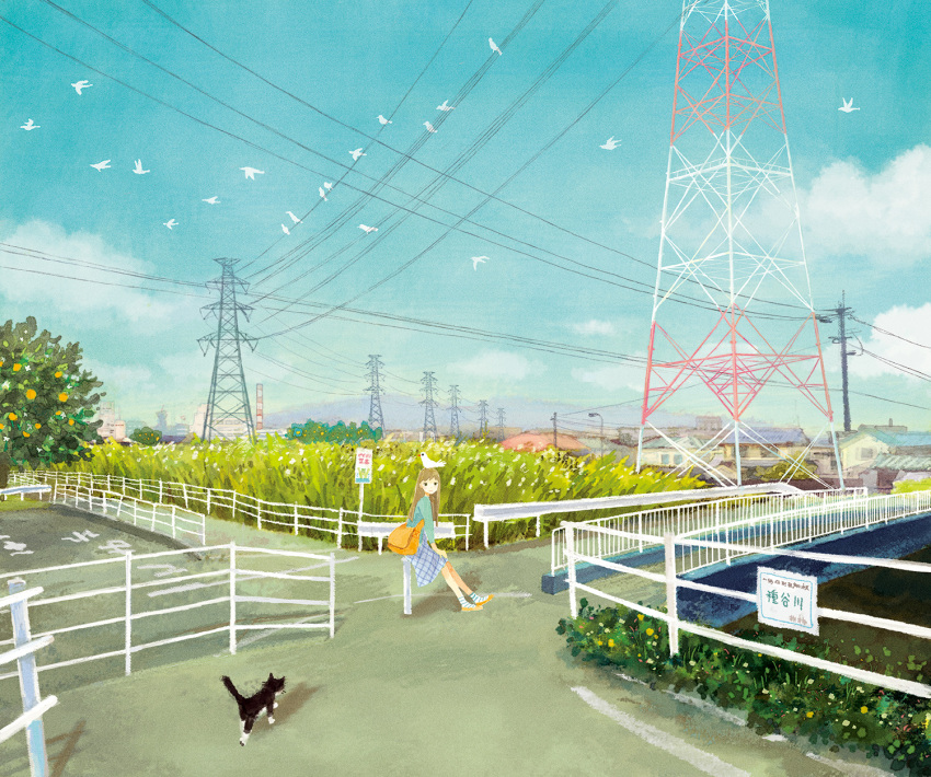 1girl animal_on_head bag bird bird_on_head bridge brown_hair cat cloudy_sky highres long_hair long_skirt messenger_bag original power_lines railing scenery shoulder_bag skirt socks striped striped_socks yuuko_(nora0x0)