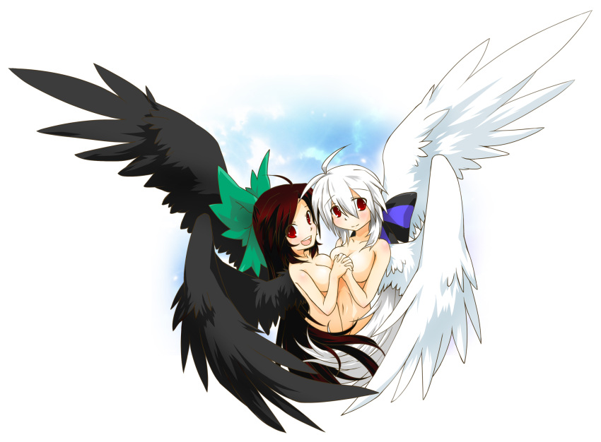 2girls angel_wings black_hair black_wings blush bow breast_press breasts censored convenient_censoring hair_bow highres holding_hands large_breasts long_hair multiple_girls navel nude open_mouth red_eyes reiuji_utsuho smile touhou very_long_hair vocaloid white_hair wings yowane_haku