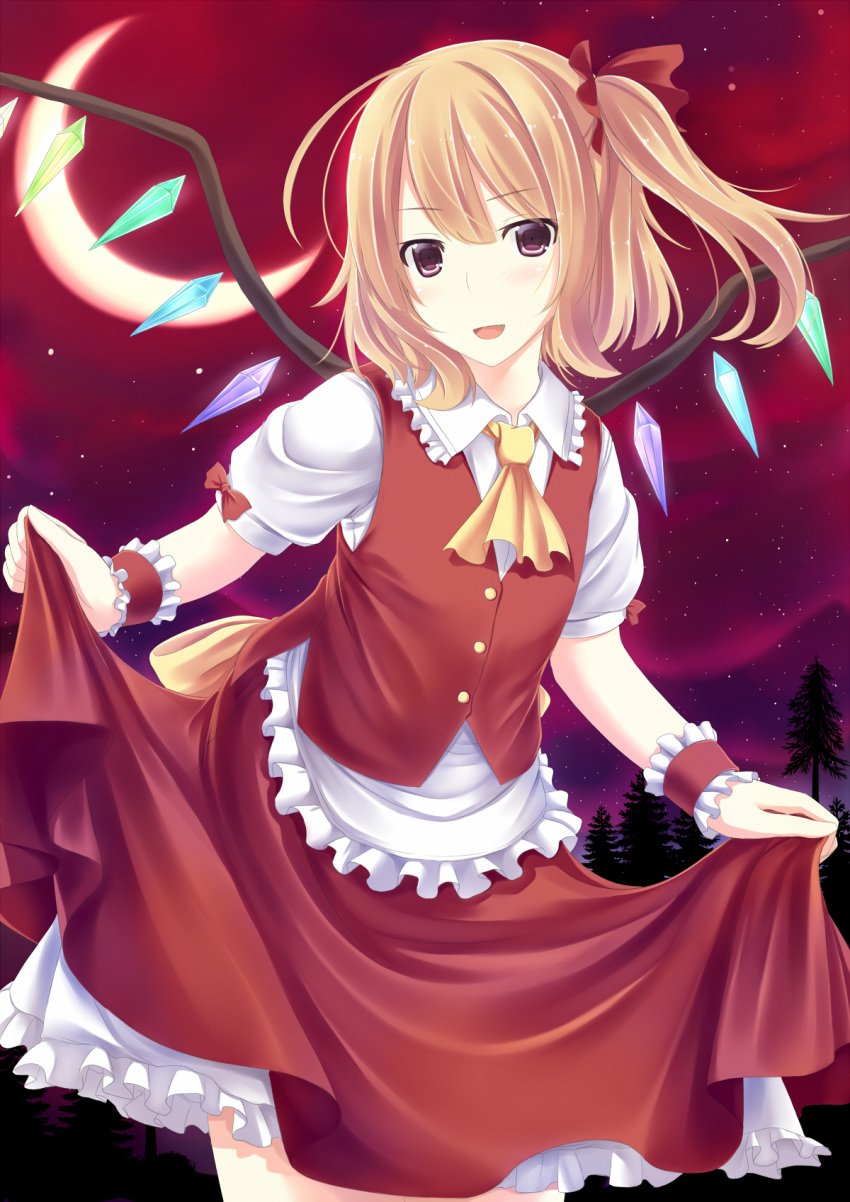 1girl ascot blush crescent_moon flandre_scarlet highres looking_at_viewer mizunashi_kenichi moon open_mouth short_hair skirt_hold smile solo touhou wings