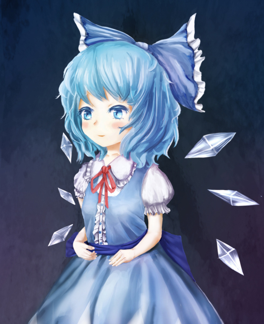 1girl blue_eyes blue_hair cirno hair_ribbon highres ice ice_wings ribbon short_hair solo thanatosanubis touhou wavy_hair wings