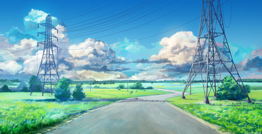 arsenixc clouds field grass highres horizon no_humans original power_lines road scenery sky summer telephone_pole tree