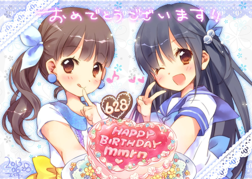 2girls bell black_hair brown_eyes brown_hair cake earrings ech finger_to_mouth food hair_bell hair_ornament hair_ribbon happy_birthday heart jewelry lip_licking long_hair looking_at_viewer multiple_girls musical_note original plate ribbon school_uniform serafuku short_sleeves side_ponytail smile v very_long_hair wink