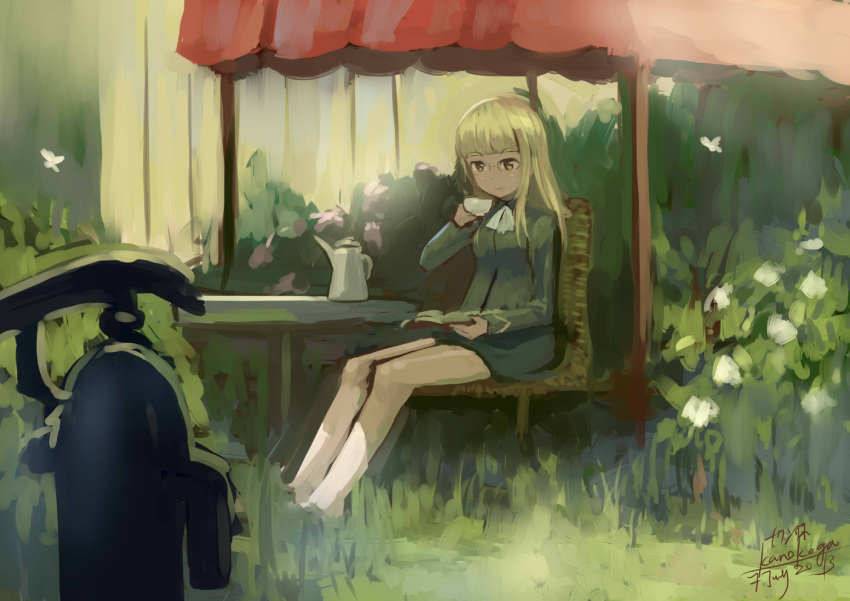 1girl artist_name ascot blonde_hair book butterfly cup dated flower garden glasses kanokoga long_hair military military_uniform no_legwear outdoors perrine_h_clostermann pump reading shade sitting solo strike_witches teacup teapot uniform yellow_eyes