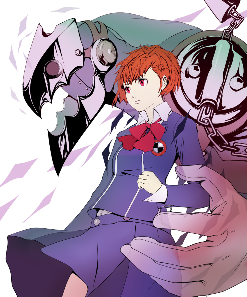 1girl bow brown_hair chain female_protagonist_(persona_3) hair_ornament hairclip highres persona persona_3 persona_3_portable ponytail red_eyes school_uniform short_hair skirt thanatos transparent
