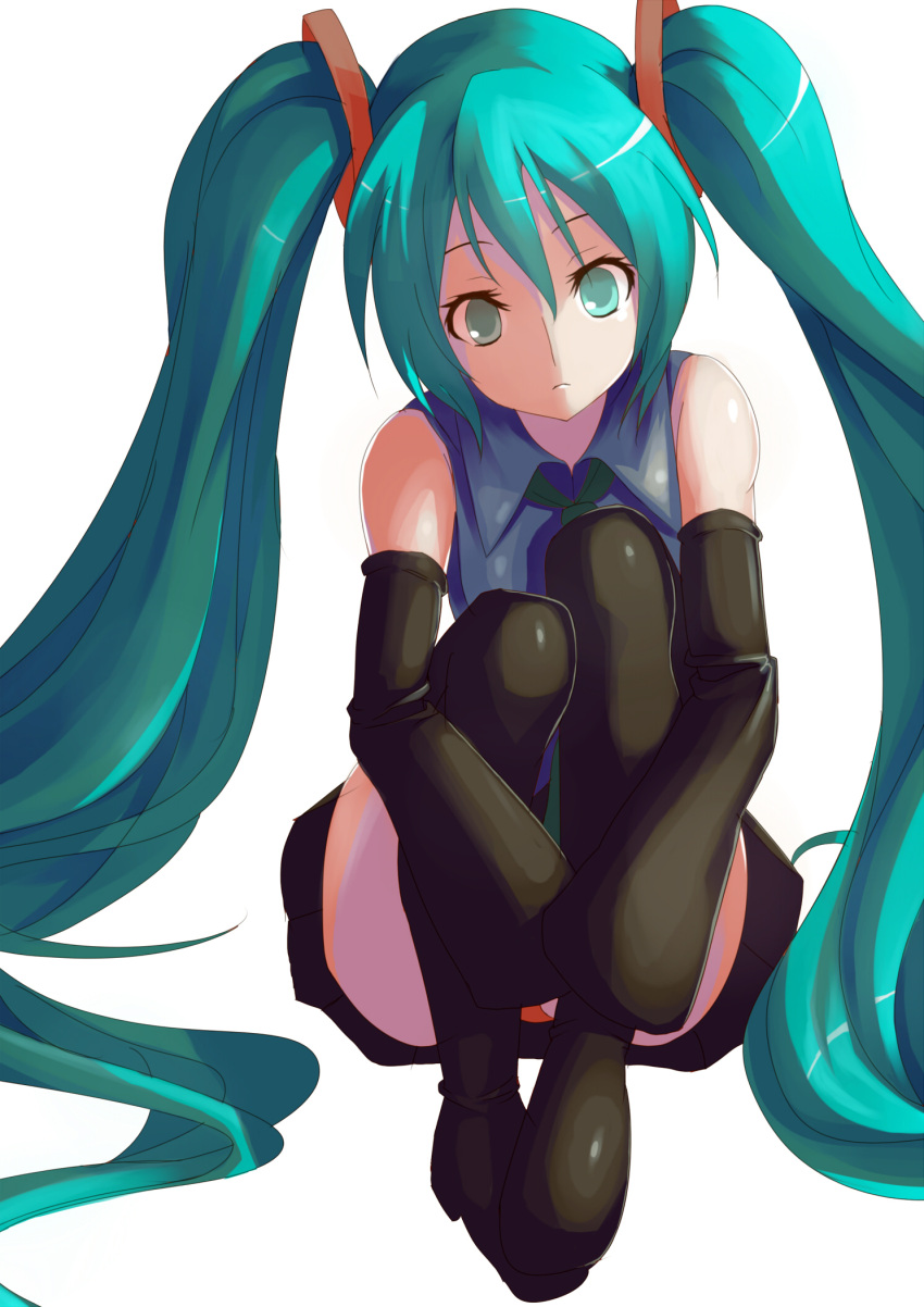 1girl detached_sleeves green_eyes green_hair hatsune_miku highres leg_hug long_hair neav simple_background sitting sleeves_past_wrists solo thighhighs twintails very_long_hair vocaloid white_background