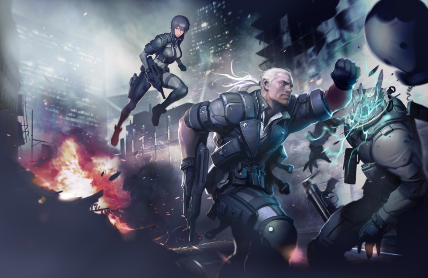 batou cyberpunk cyborg ghost_in_the_shell ghost_in_the_shell_stand_alone_complex gloves highres jacket kusanagi_motoko male ponytail purple_hair short_hair weapon white_hair