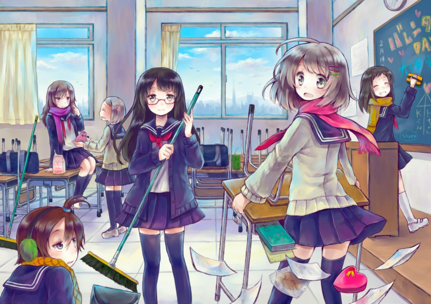 6+girls black_hair broom brown_hair classroom closed_eyes earmuffs glasses grin hanekoto heart looking_at_viewer looking_back multiple_girls original scarf school_desk school_uniform serafuku skirt smile thighhighs valentine