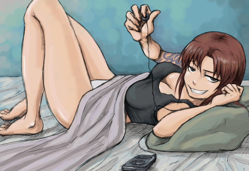 1girl barefoot bed_sheet black_eyes black_lagoon breasts brown_hair cleavage digital_media_player earphones earphones grin ipod legs_up looking_at_viewer mimiyamakiichi no_pants on_back on_bed panties pillow ponytail revy smile solo tank_top tattoo underwear white_panties