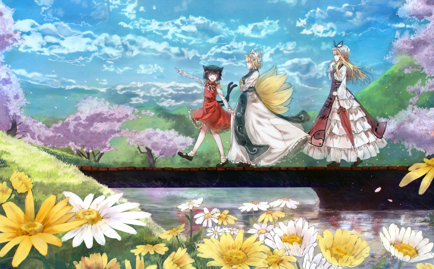 3girls animal_ears blonde_hair blue_sky bou_shaku bridge brown_hair cat_ears cat_tail chen cherry_blossoms closed_eyes closed_umbrella clouds dress dress_tug flower fox_tail hat hat_ribbon hat_with_ears highres long_sleeves multiple_girls multiple_tails open_mouth petals pointing pointing_forward red_dress ribbon river sky tabard tail touhou tree umbrella white_dress wide_sleeves yakumo_ran yakumo_yukari