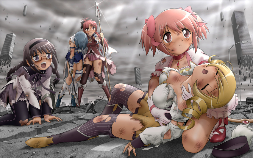5girls akemi_homura all_fours black_hair blonde_hair blue_eyes bow braid breasts broken_ground building cape choker cleavage closed_eyes cloudy_sky crying dirty_clothes drill_hair glasses hair_bow hairband hat hat_removed headwear_removed holding jewelry kaname_madoka kneeling large_breasts lying magical_girl mahou_shoujo_madoka_magica miki_sayaka multiple_girls on_back pendant pink_eyes pink_hair polearm red-framed_glasses red_eyes redhead ruins sakura_kyouko shingyouji_tatsuya skirt skyscraper spear sword thigh-highs tomoe_mami torn_clothes torn_shirt torn_skirt torn_thighhighs twin_braids twin_drills twintails violet_eyes weapon