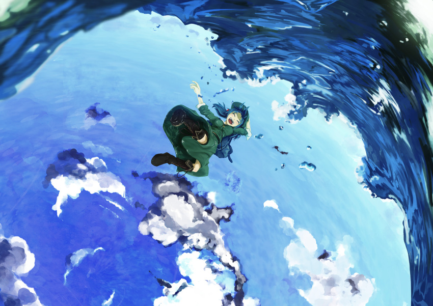 1girl backpack bag blue_hair blue_sky blush boots closed_eyes clouds cross-laced_footwear flying hair_bobbles hair_ornament hat infini kawashiro_nitori key ocean open_mouth short_twintails skirt skirt_set sky sleeves_pushed_up smile smiley_face solo splashing touhou twintails upside-down water