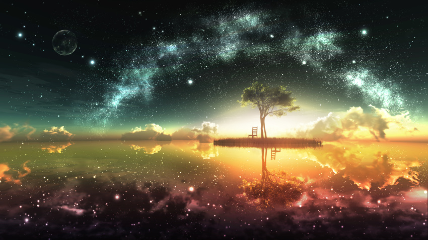 3d chair clouds full_moon highres mirror_opposites moon night night_sky no_humans original scenery sky star_(sky) starry_sky sunset surreal tree y_k14