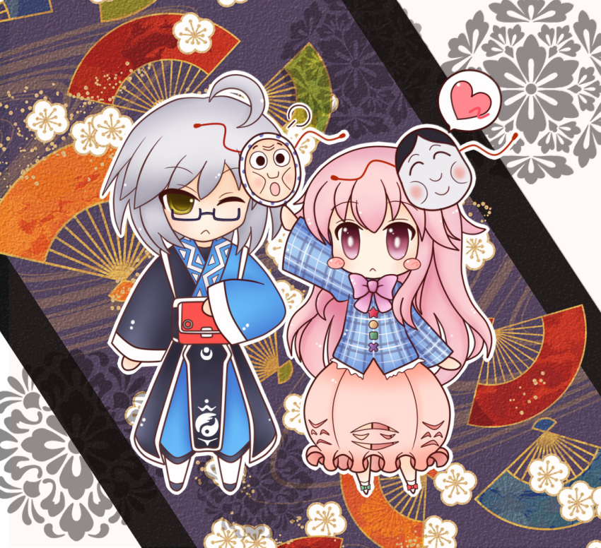 1boy 1girl ahoge black_eyes blush_stickers bow chibi fan glasses hata_no_kokoro heart ko_torii long_hair long_sleeves mask morichika_rinnosuke open_mouth outstretched_arms pink_eyes pink_hair pouch silver_hair touhou very_long_hair wide_sleeves wink yellow_eyes