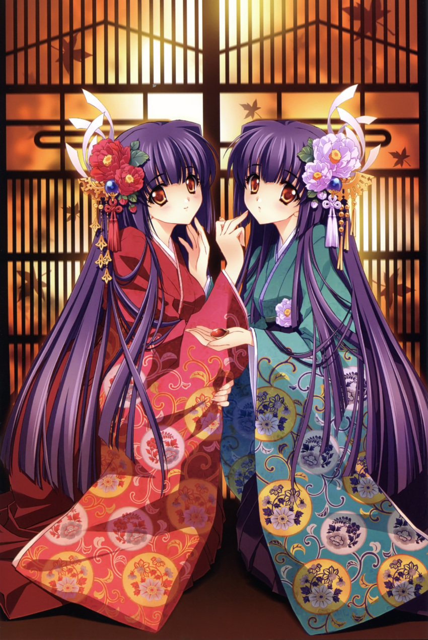 absurdres carnelian highres huge_filesize japanese_clothes kao_no_nai_tsuki kimono kuraki_mizuna kuraki_suzuna long_hair matching_outfit purple_hair scan scan_artifacts siblings sisters twins yellow_eyes