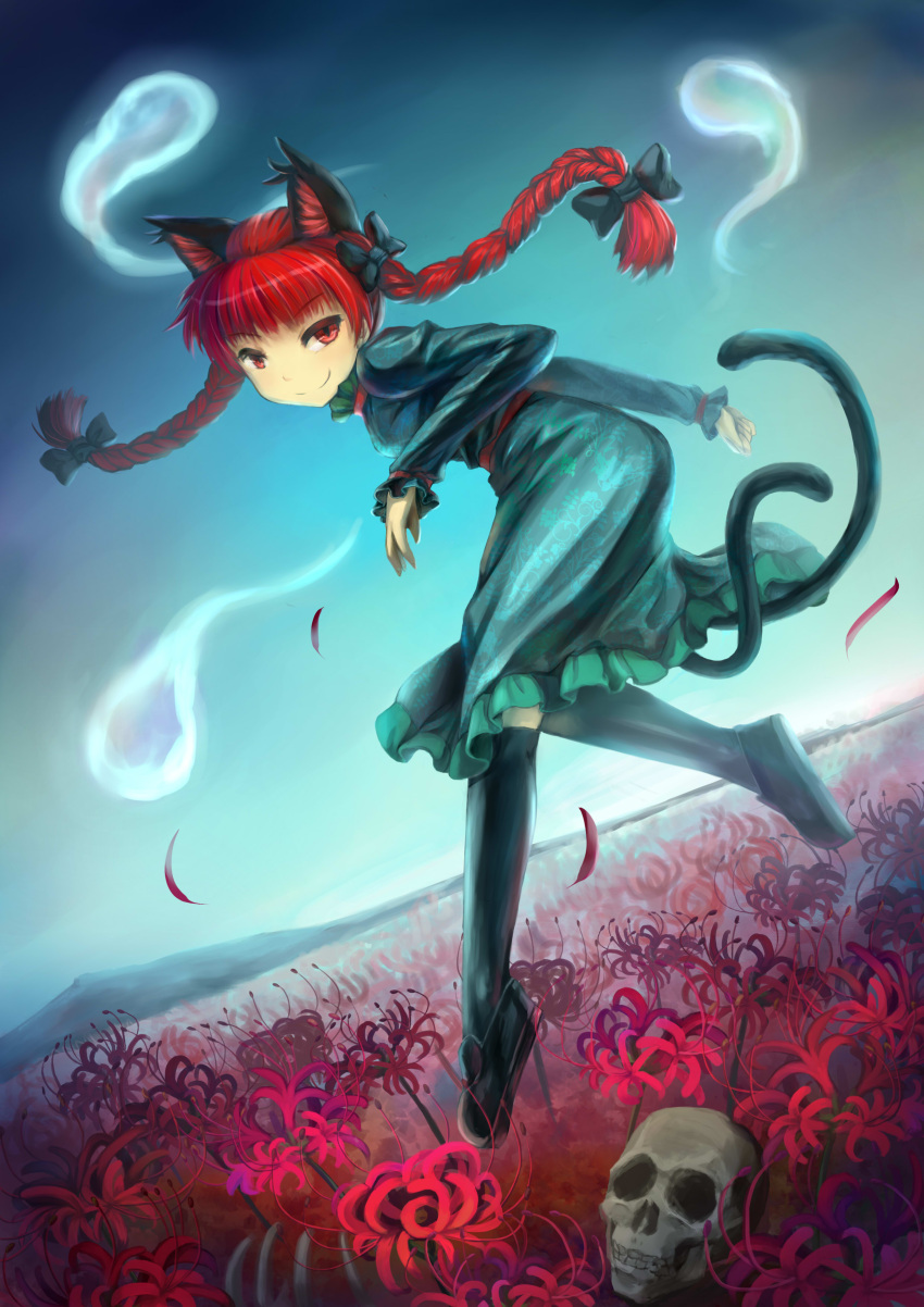 1girl absurdres animal_ears black_legwear bone braid cat_ears cat_tail dress extra_ears flower grin highres hitodama kaenbyou_rin kneehighs looking_back multiple_tails night poly red_eyes redhead skull smile solo spider_lily tail touhou twin_braids