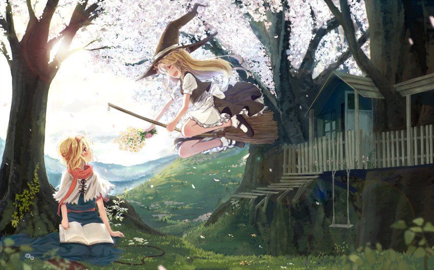 2girls alice_margatroid apron blue_dress blush bou_shaku broom broom_riding capelet cherry_blossoms closed_eyes clouds dress flower flying hairband hat highres kirisame_marisa long_hair multiple_girls open_mouth reading scarf shirt sitting skirt sky smile sunlight swing touhou tree treehouse very_long_hair vest waist_apron witch witch_hat