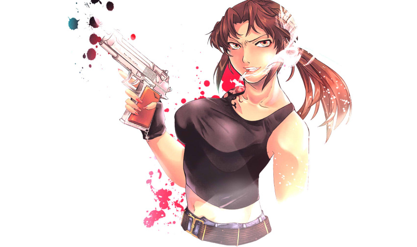 1girl belt black_lagoon breasts brown_eyes brown_hair bust cigarette fingerless_gloves gloves grin gun highres large_breasts lipstick long_hair makeup midriff nail_polish navel pistol ponytail revy smile smoking solo tank_top tattoo taut_clothes trigger_discipline weapon