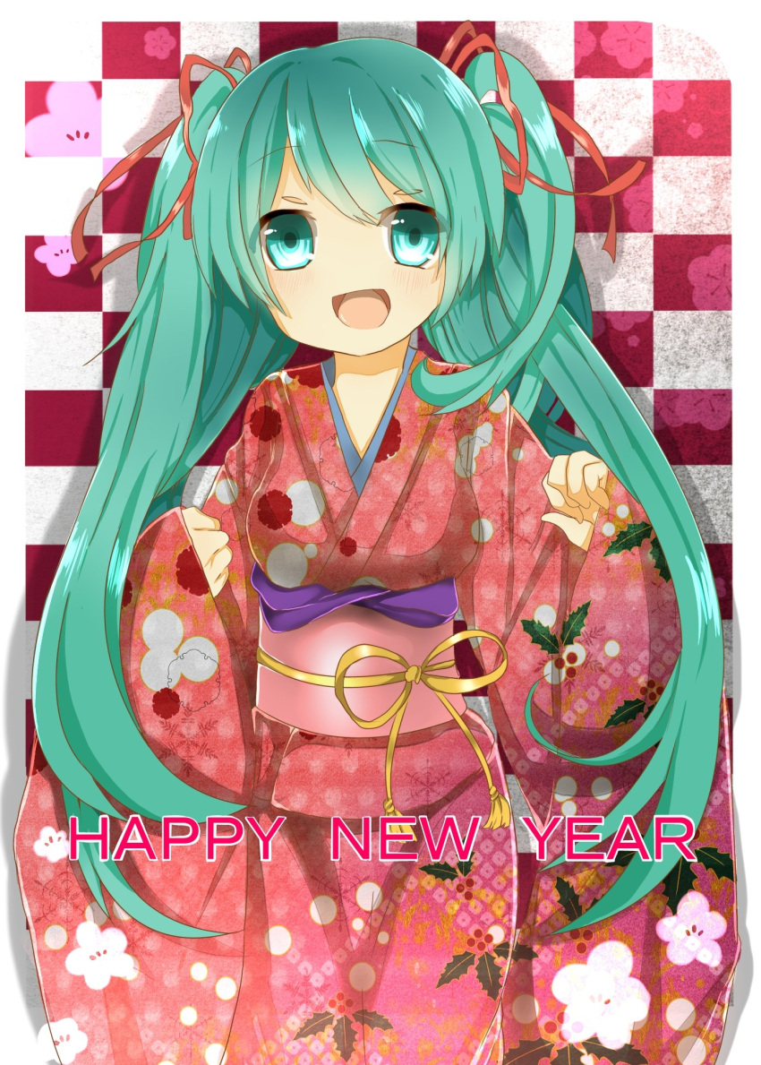 1girl aqua_eyes aqua_hair bow checkered checkered_background english happy_new_year hatsune_miku highres japanese_clothes kenpin kimono long_hair new_year open_mouth ribbon smile solo standing twintails vocaloid