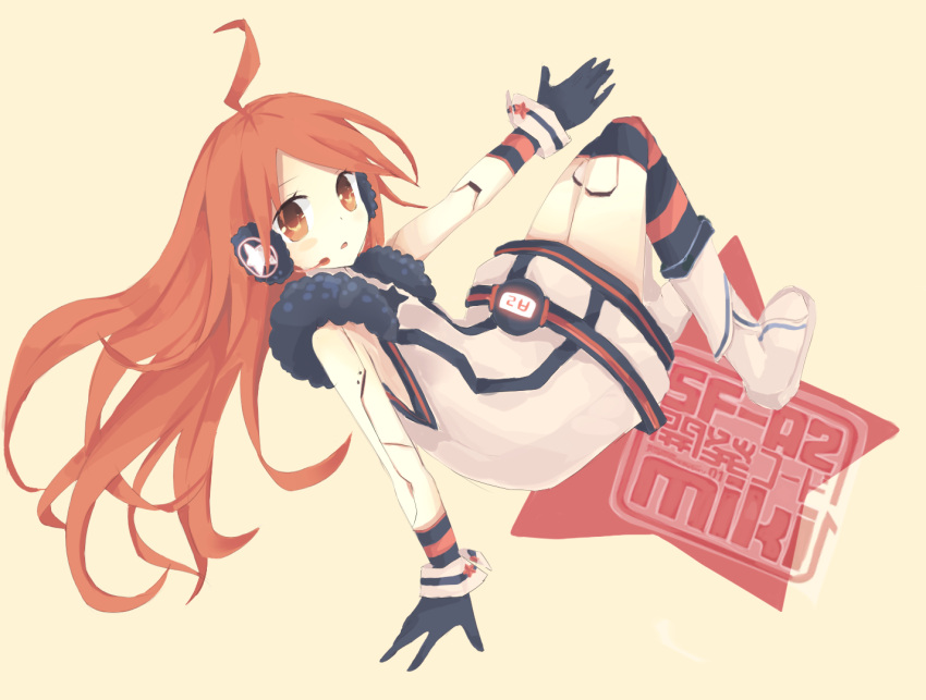 bad_id belt boots dress earmuffs gloves headphones headset kneehighs long_hair miki_(vocaloid) red_eyes red_hair redhead robot_joints senracemay sf-a2_miki socks solo star striped striped_gloves striped_kneehighs vocaloid wrist_cuffs