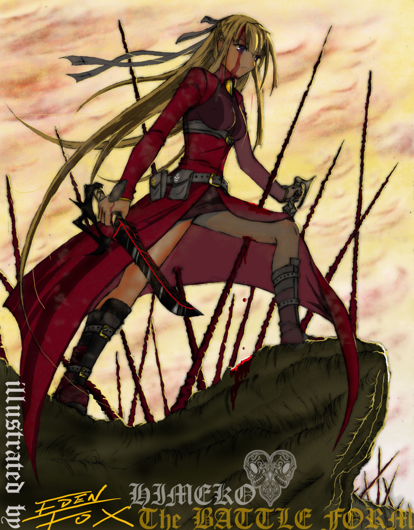 blonde_hair blood blood_on_face boots character_name crossover edenfox fate/stay_night fate_(series) fusion highres injury kannazuki_no_miko kurusugawa_himeko long_hair parody purple_eyes solo unlimited_blade_works very_long_hair violet_eyes