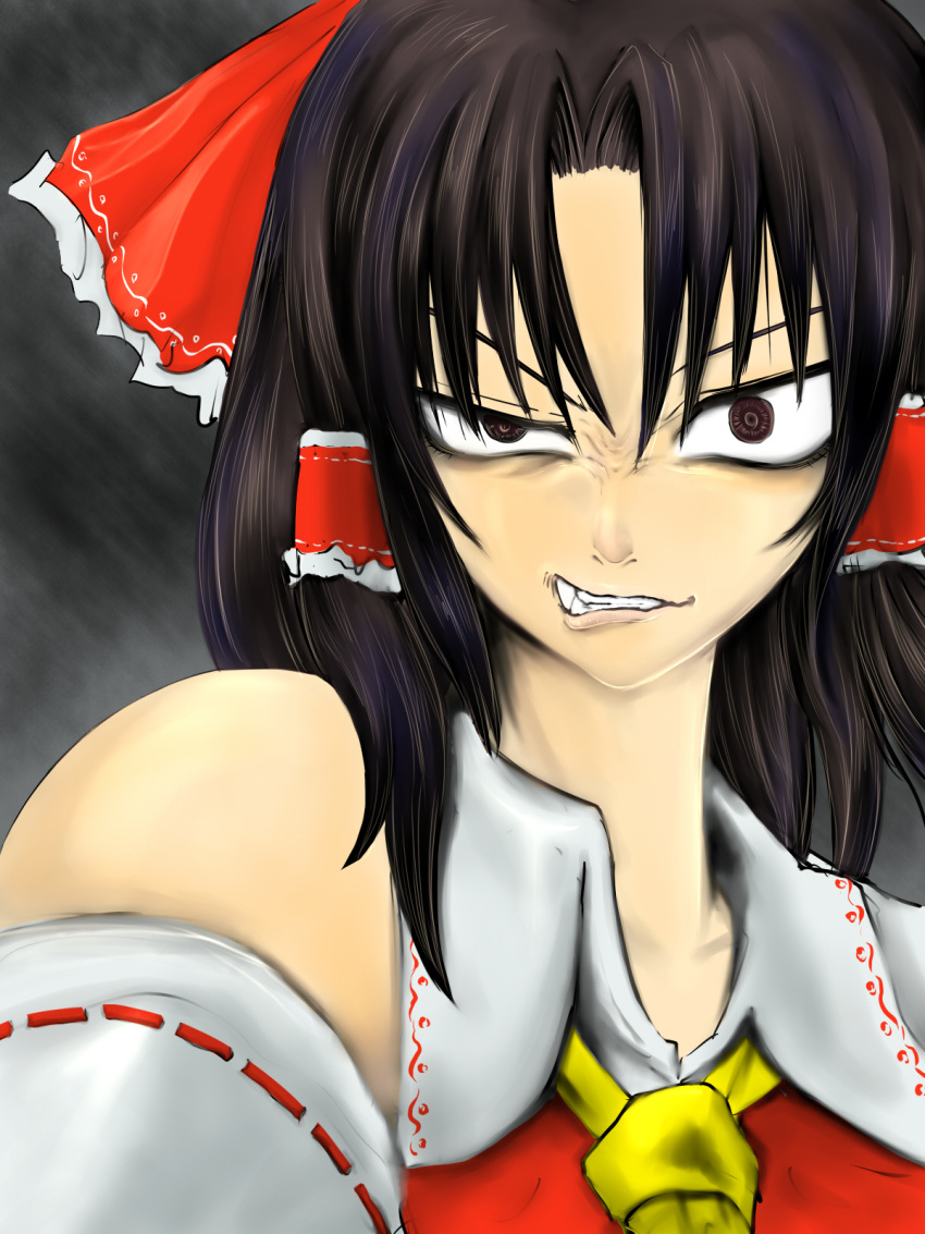 bow brown_hair detached_sleeves evil_grin evil_smile grin hair_bow hakurei_reimu highres ledjoker07 smile solo touhou