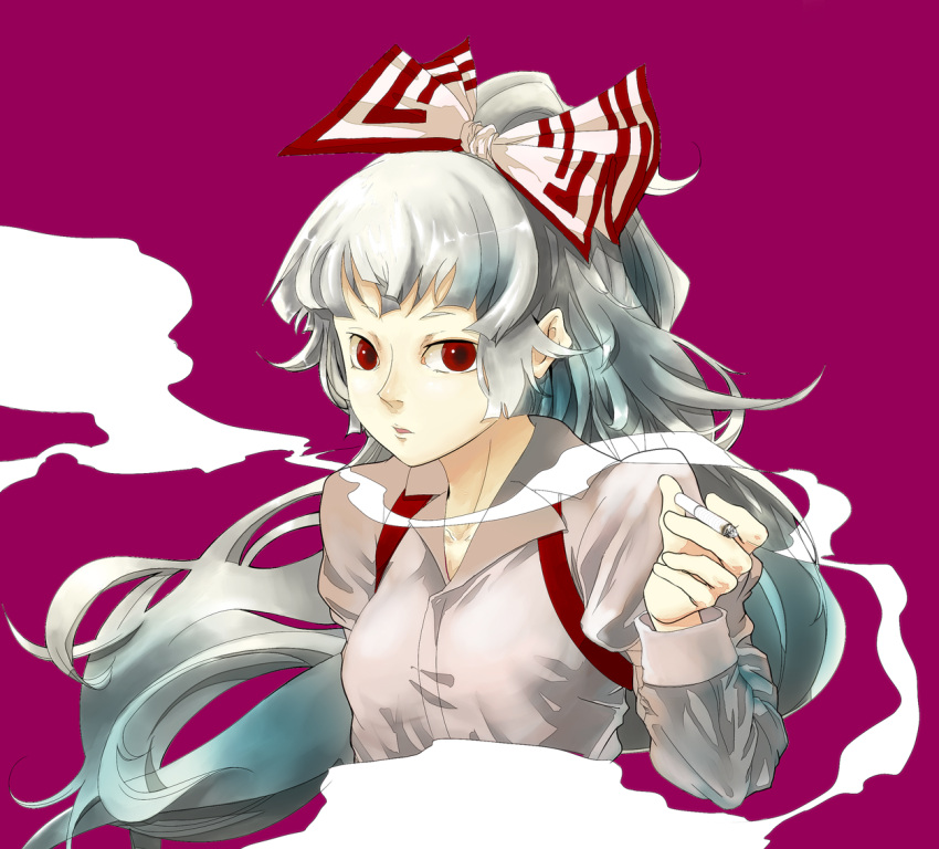 bad_id bow cigarette fujiwara_no_mokou hair_bow hair_ribbon hikarinoko long_hair red_eyes ribbon silver_hair solo suspenders touhou