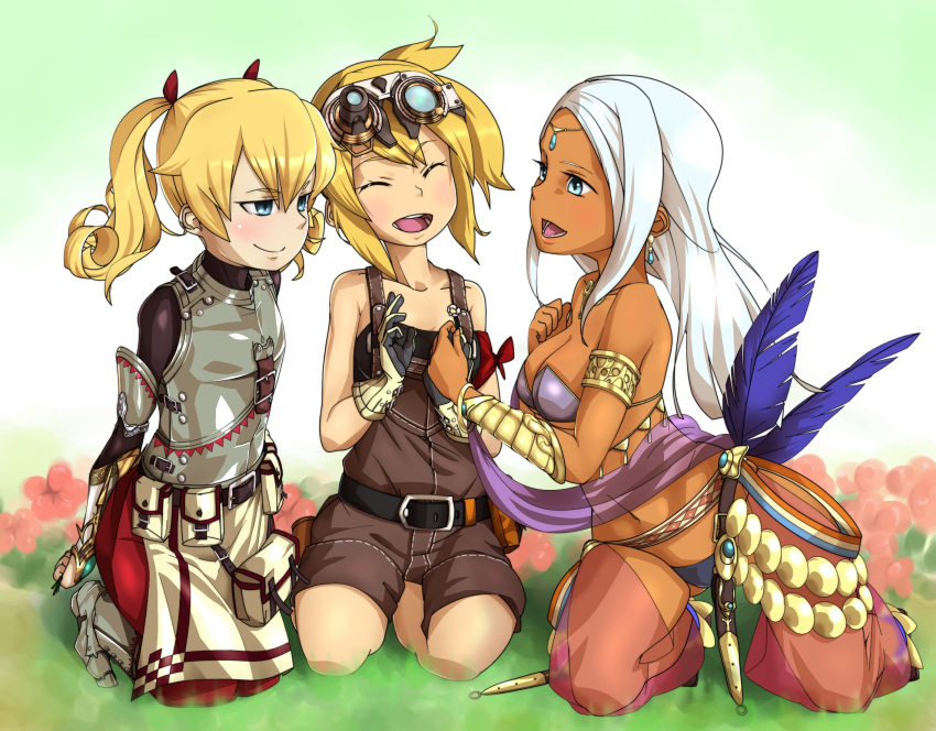 3girls armor bernd_workshop blonde_hair blue_eyes blush bracelet buckle chest_plate closed_eyes dancer_(sekaiju) dark_skin earrings feathers forehead fortress_(sekaiju) gauntlets goggles greaves highres jewelry multiple_girls navel open_mouth overalls pouch sekaiju_no_meikyuu sekaiju_no_meikyuu_4 sitting smile strap twintails vivace_tune white_hair